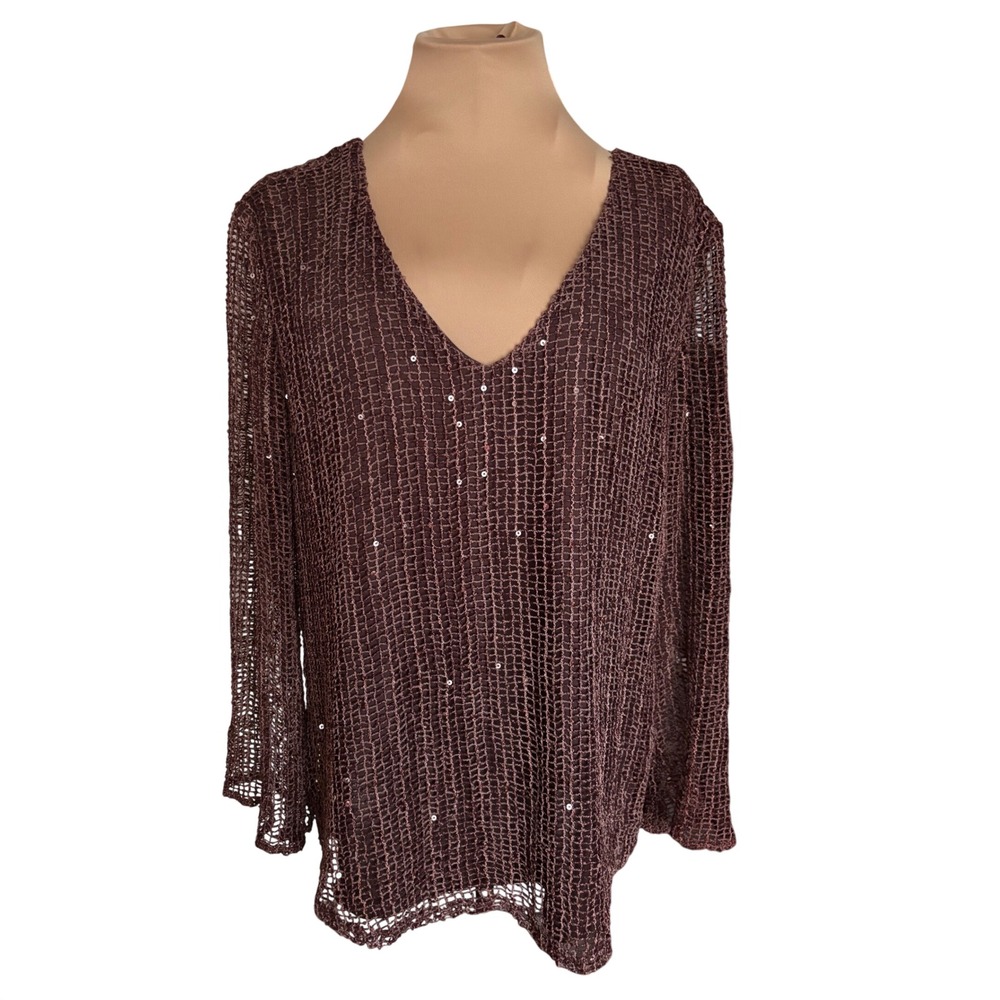 Origami Imagiro Vtg Womens XL Brown Sequin Mesh Knit V-Neck Blouse Made in USA